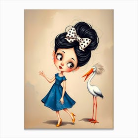 Cartoon Girl And Stork Canvas Print