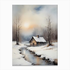 Rustic Winter Oil Painting Vintage Cottage (13) Canvas Print