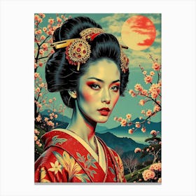 Geisha With Blossom Trees Canvas Print