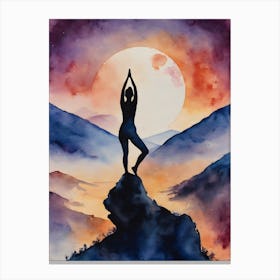 Yoga at Full Moon - Contemplating Serenity Calm Yogi Pose Meditating Spiritual Grounding Heart Open Buddhist Indian Travel Guidance Wisdom Peace Love Witchy Beautiful Watercolor Woman Trees Blue Silhouette Canvas Print