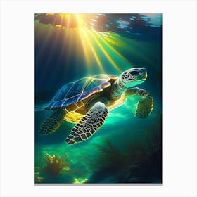 Sea Turtle In Deep Ocean, Sea Turtle Monet Inspired 1 Canvas Print