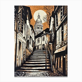 Montmartre Paris France Linocut Illustration Style 2 Canvas Print