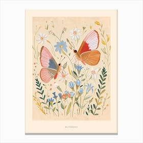 Folksy Floral Animal Drawing Butterfly Poster Canvas Print