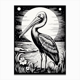 B&W Bird Linocut Pelican 4 Canvas Print