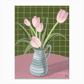 Pink Tulips On Green Checkered Tablecloth Canvas Print