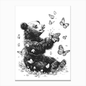 Malayan Sun Bear Cub Playing With Butterflies Ink Illustration 1 Canvas Print