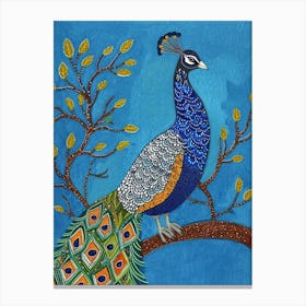 Peacock Geometric Sat On A Tree Branch Canvas Print