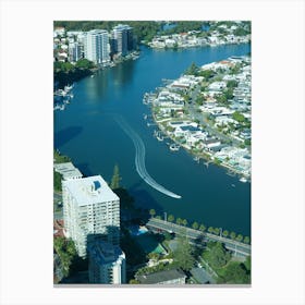 Aerial View Of A Boat Driving Through Canal In Burleigh Waters, Gold Coast. Canvas Print