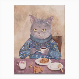 Grey Cat Having Breakfast Folk Illustration 7 Canvas Print