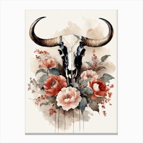 Vintage Boho Bull Skull Flowers Painting (8) Canvas Print