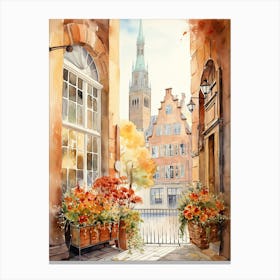Window View Of Copenhagen Denmark In Autumn Fall, Watercolour 3 Canvas Print