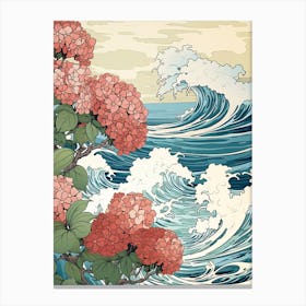 Great Wave With Hydrangea Flower Drawing In The Style Of Ukiyo E 2 Canvas Print