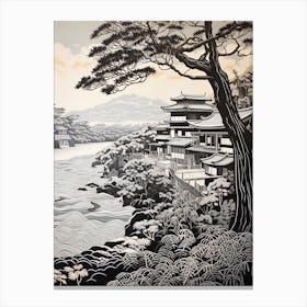 Amanohashidate In Kyoto, Ukiyo E Black And White Line Art Drawing 6 Canvas Print