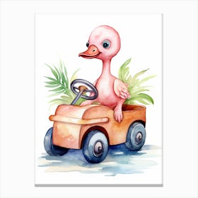 Baby Flamingo On Toy Car, Watercolour Nursery 3 Canvas Print