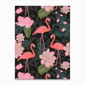 Flamingos Lotus Flowers Canvas Print