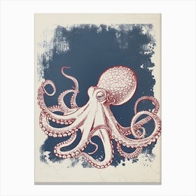 Octopus Swimming Around With Tentacles Red Navy Linocut Inspired 1 Canvas Print
