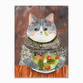 Grey Cat Eating Salad Folk Illustration 4 Canvas Print
