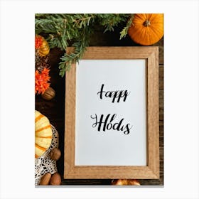 Cursive Calligraphy Depicting Happy Holidays Nestled Among A Vintage Wood Framed Composition Feat Canvas Print