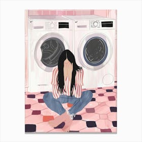 Illustration Of A Woman Sitting In Front Of A Washing Machine Canvas Print