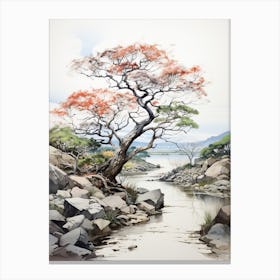 Amanohashidate In Kyoto, Japanese Brush Painting, Ukiyo E, Minimal 1 Canvas Print