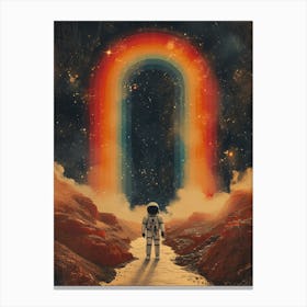 Space Odyssey: Retro Poster featuring Asteroids, Rockets, and Astronauts: Rainbow In Space Canvas Print