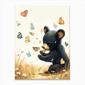 American Black Bear Cub Playing With Butterflies Storybook Illustration 4 Canvas Print