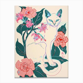 Cute Siamese Cat With Flowers Illustration 4 Canvas Print