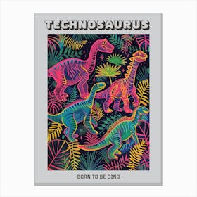 Dinosaur Neon Leaf Pattern Poster Canvas Print