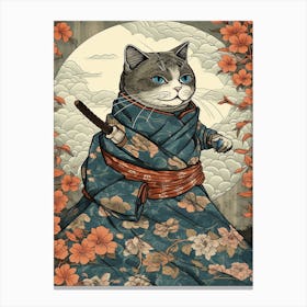 Cute Samurai Cat In The Style Of William Morris 9 Canvas Print