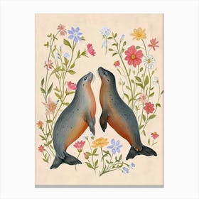 Folksy Floral Animal Drawing Seal 6 Canvas Print