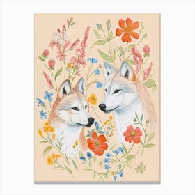 Folksy Floral Animal Drawing Wolf Canvas Print