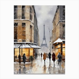 Paris cafes, winter season, Christmas, autumn oil colors, pale colors, pedestrians in the street, winter clothes, falling snow.12 Canvas Print