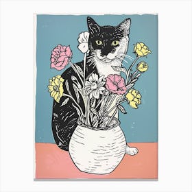 Cute Black And White Cat With Flowers Illustration 3 Canvas Print