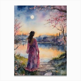Rose Blossom Lady ~ Sacred Spirit Watercolor Full Moon Witchcraft Beautiful Pagan Woman Sakura Spring Painting Canvas Print