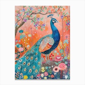 Red Peacock In The Meadow Floral Illustration Canvas Print