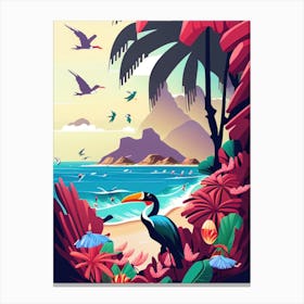 Exotic Floral Bird Island - Retro Landscape Beach and Coastal Theme Travel Poster Canvas Print