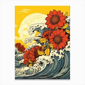Great Wave With Sunflower Flower Drawing In The Style Of Ukiyo E 4 Canvas Print