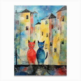 Two Cats Watercolour Style In Front Of An Old Town Canvas Print