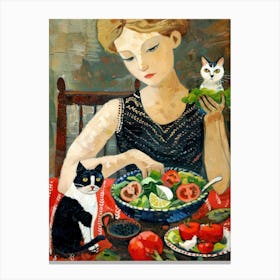 Portrait Of A Woman With Cats Eating A Salad 4 Canvas Print