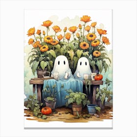 Cute Bedsheet Ghost, Botanical Halloween Watercolour 126 Canvas Print