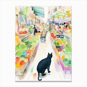 Food Market With Cats In Malaga 4 Watercolour Canvas Print
