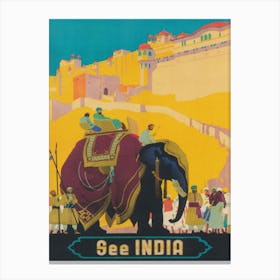 India Vintage Travel Poster, Elephant Art Canvas Print