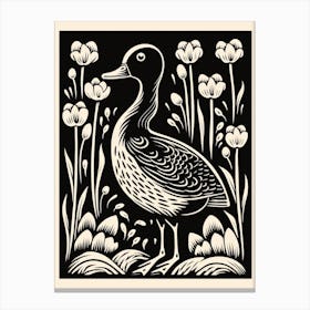 B&W Bird Linocut Duck 2 Canvas Print