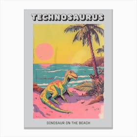 Pastel Yellow Pink Dinosaur On The Beach Poster Canvas Print