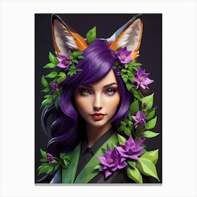 Low Poly Floral Fox Girl, Green (24) Canvas Print