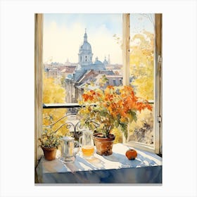 Window View Of Warsaw Poland In Autumn Fall, Watercolour 2 Canvas Print
