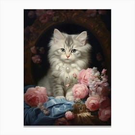 Cat With Pink Flowers Rococo Style 2 Canvas Print