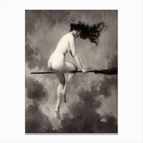 Nude Witch On A Broom, Vintage Halloween Art Canvas Print