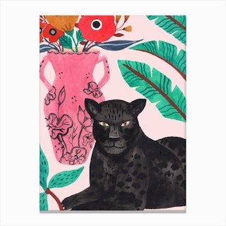 Black Jaguar And Pink Vase Canvas Print