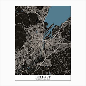 Belfast Black Blue Map Canvas Print